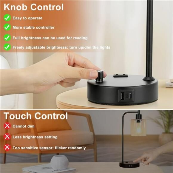 Set of 2 industrial dimmable table lamps with usb ports outlet for bedroom - Picture 4 of 7